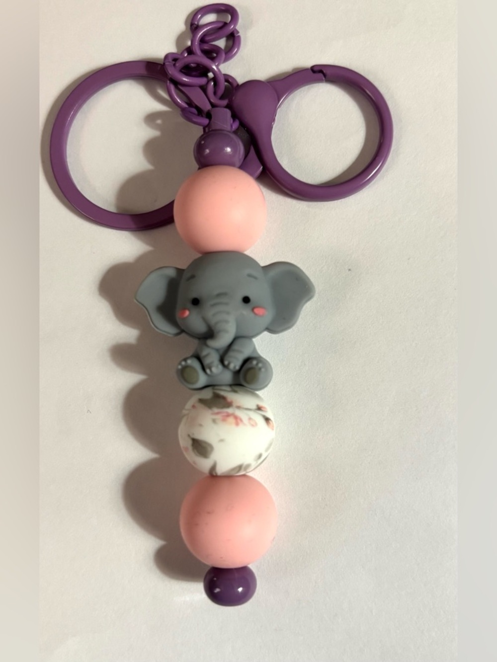NEW Cute Gray Elephant Beaded Keychain with Pink and Purple Accents